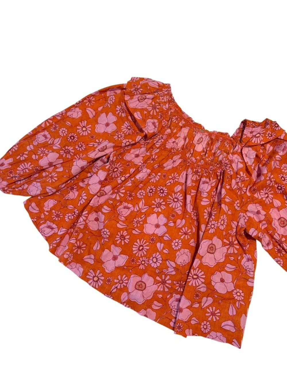 Free People Orange and Pink Floral Ruffle Off the Shoulder Flowy Cotton Top Size